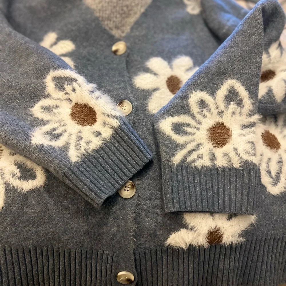 Bibifish floral print soft fuzzy knit button up cardigan sweater